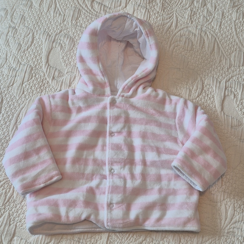 Kissy Kissy girls 3-6 months pink & white striped hooded velour lined jacket EUC